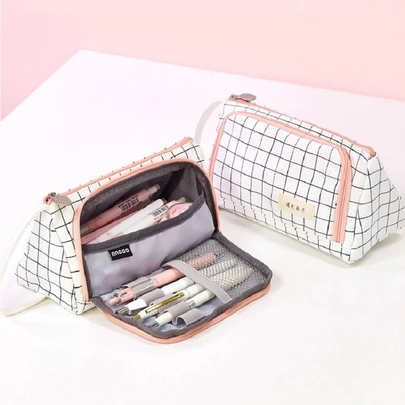 Pink Pencil Bag Holder Case High Capacity Pen Pouch Denim Canvas School Office Supplies Korea Stationery Gift Box Organizer Stor