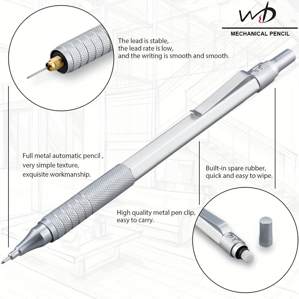 The same style as the architectural designer!Low center of gravity metal mechanical pencil 0.5-2.0mm full specification 2B/HB do