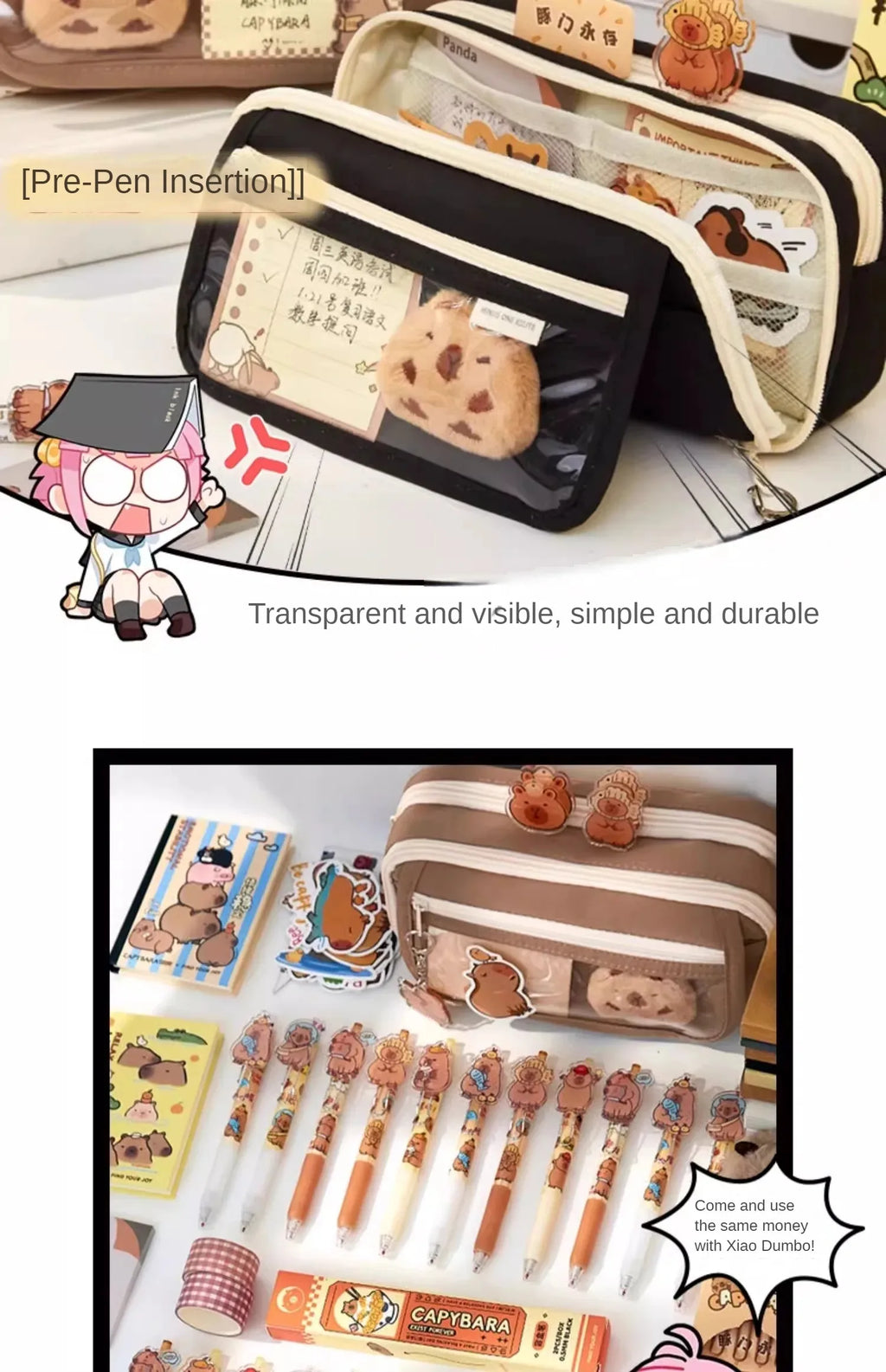 Large Capacity Pencil Bag Capybara Cartoon Canvas Stationery Holder Bag With Brooches stickers clips keychains Children Pen Case