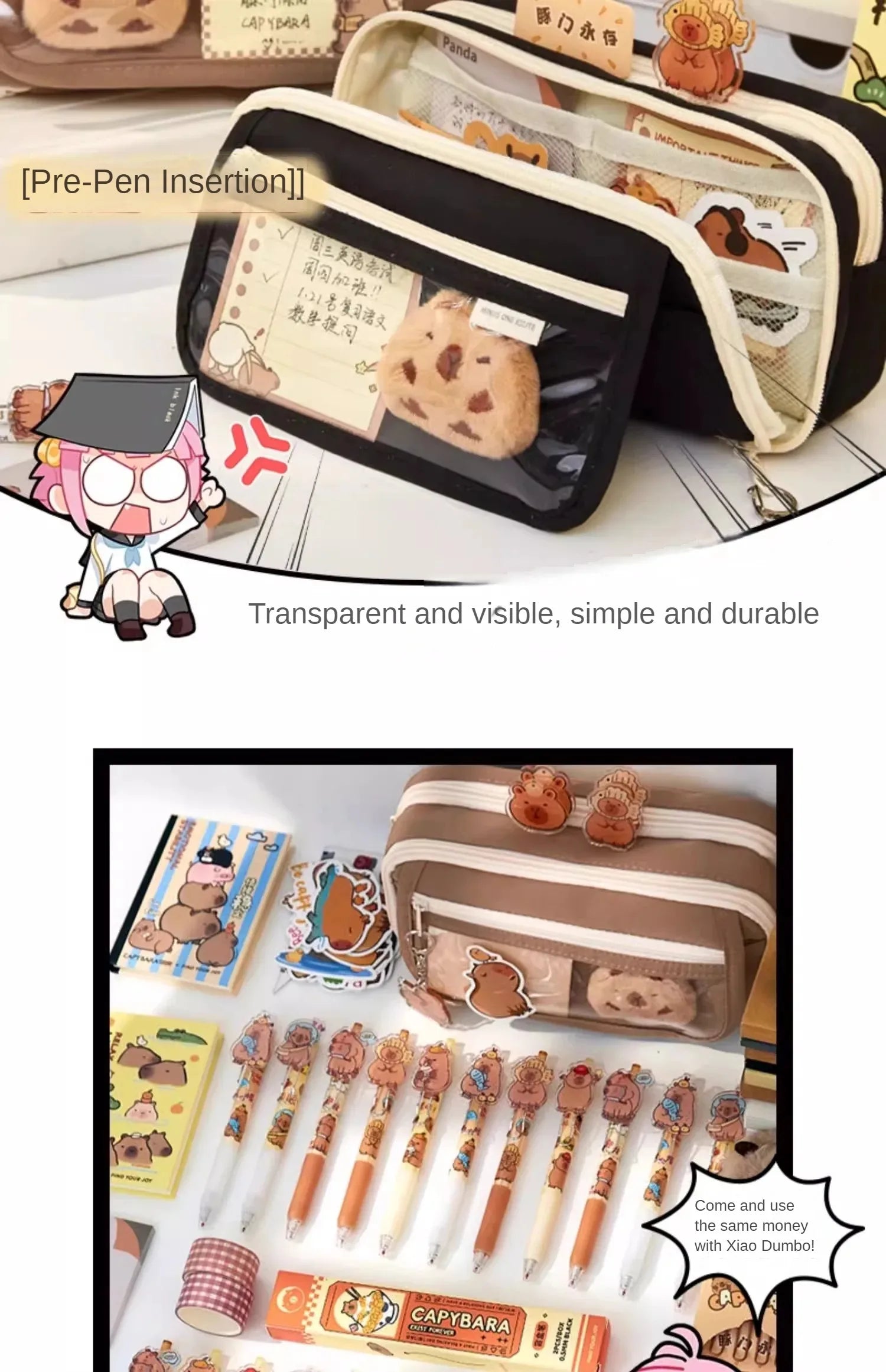Large Capacity Pencil Bag Capybara Cartoon Canvas Stationery Holder Bag With Brooches stickers clips keychains Children Pen Case