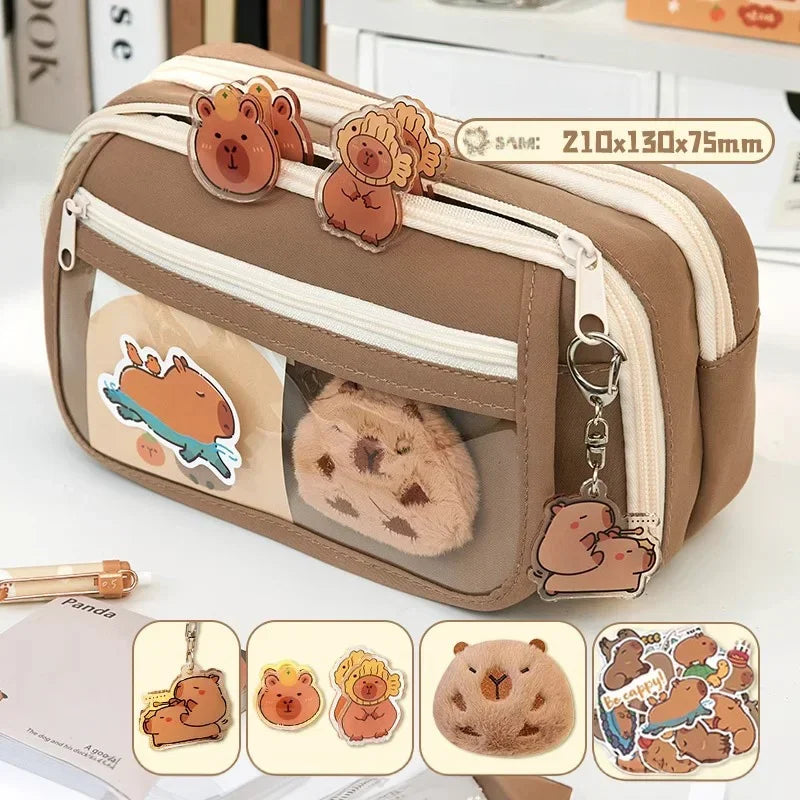 Large Capacity Pencil Bag Capybara Cartoon Canvas Stationery Holder Bag With Brooches stickers clips keychains Children Pen Case