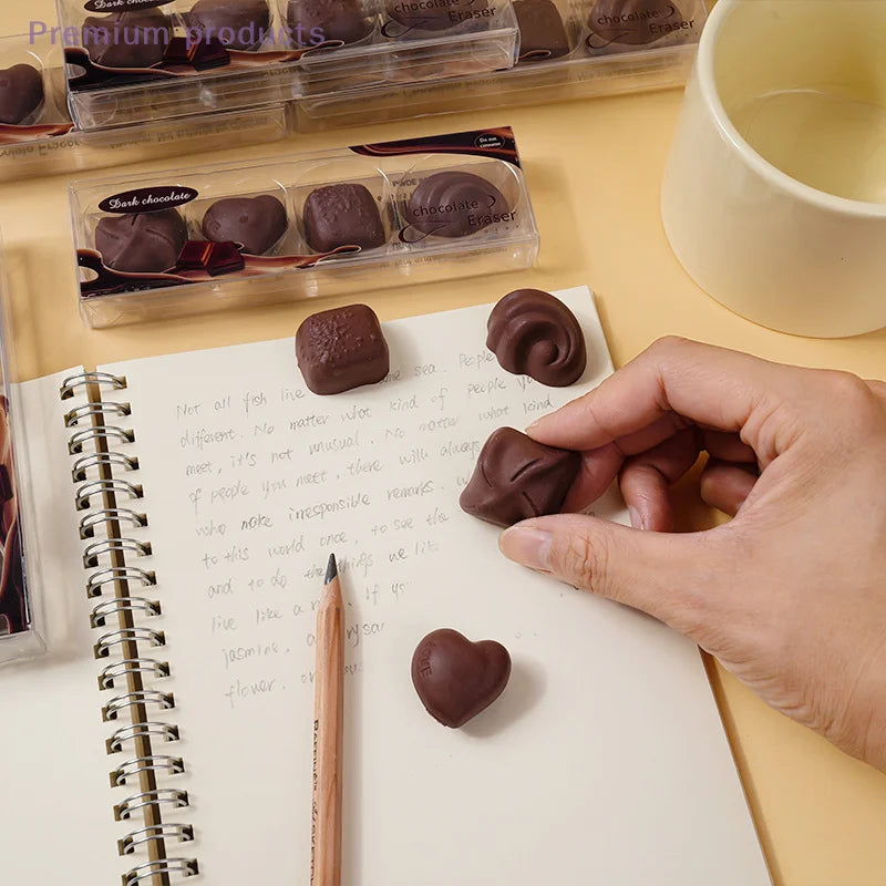 4pcs/box Chocolate Design Eraser Set Student Office School Supplies Writing Pencil Eraser Gift Prize Creative Stationery