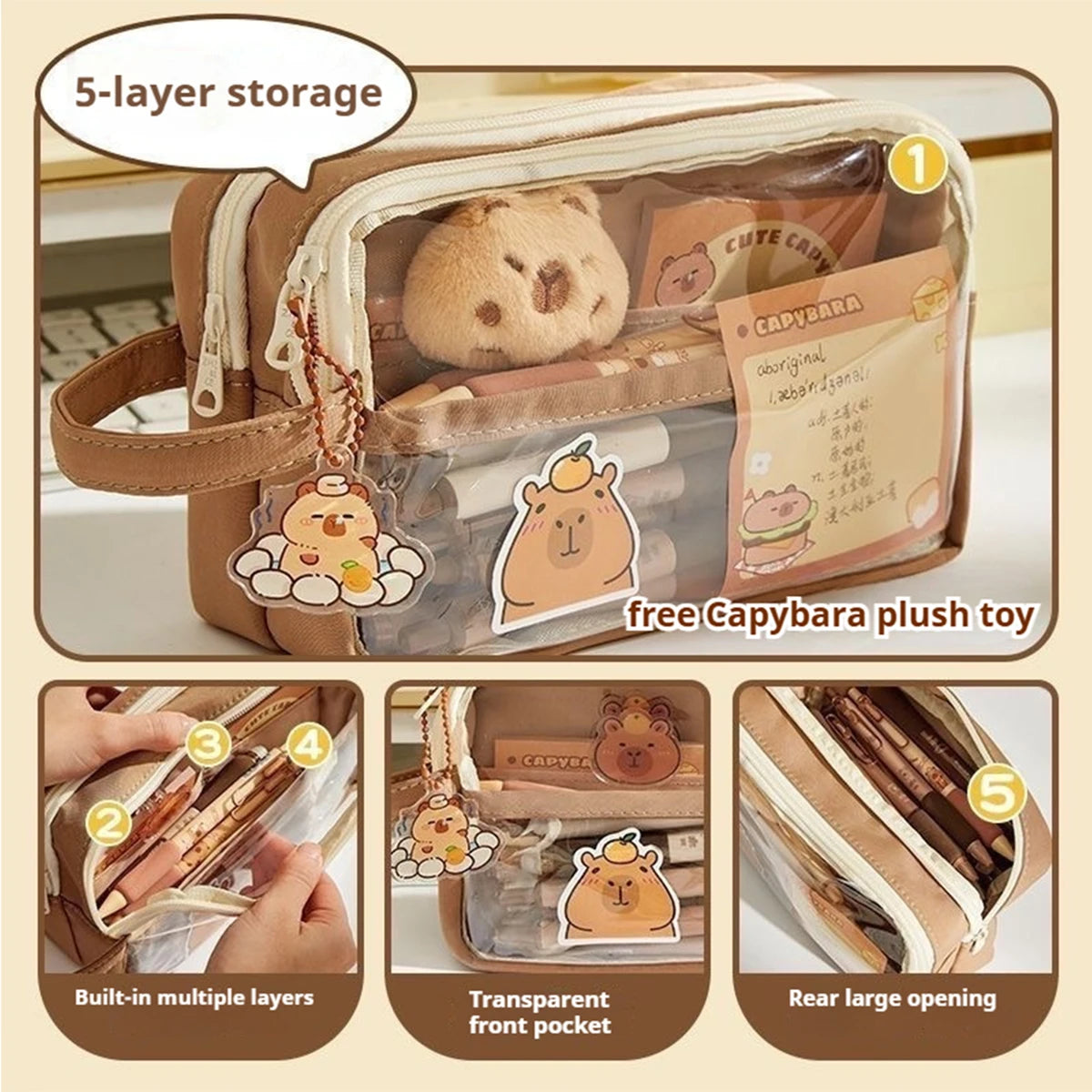 Kawaii Large Capacity Transparent Pencil Pouch with Handle Capybara Portable School Stationery Bag Set for Kids Back to School