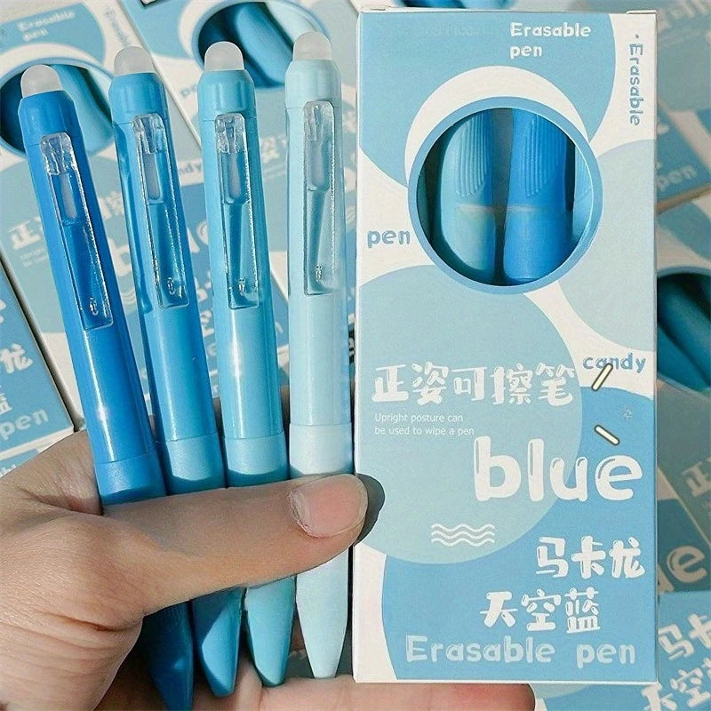 4-Pack Erasable Ballpoint Pen Set – 0.5mm Fine Point, Blue Ink, Quick-Drying & Smooth, 2 Styles for Office, School, Journaling