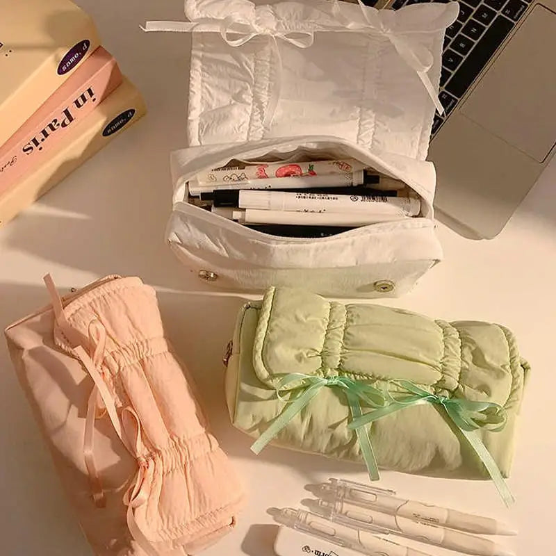 1pcs Creative Korea Style Bow Pencil Case Large Capacity Multi-layer Storage Drawstring Pencil Bags Office Supplies Storage Bag