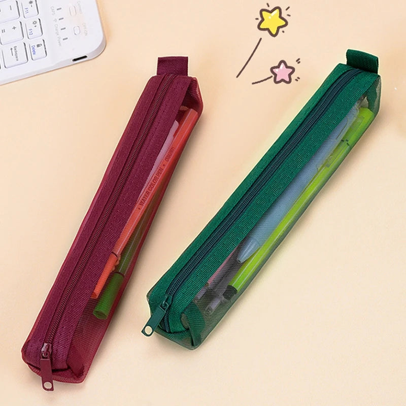 Mesh Pencil Case Portable Zipper Pouch Stationery Organizer Students Exams Pencil Case School Stationery Supplies