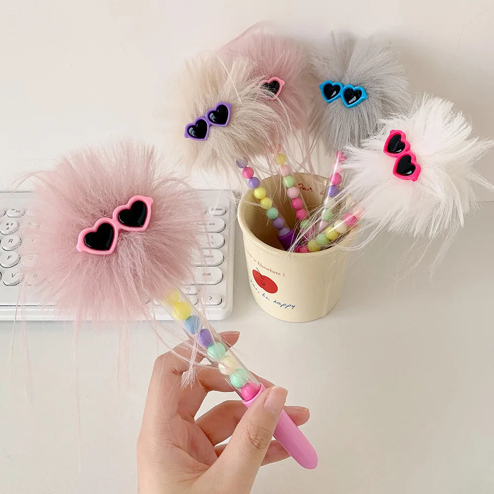 Cartoon Funny Googly Eyes Glasses Pom Pom Ball Pen Creative Writing Ballpoint Pen for School Girls Journal Stationery Kids Gift