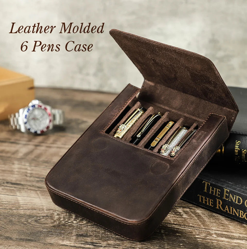 CONTACT'S FAMILY Handmade Fountain Pen Case Genuine Leather Holder Pencil Pouch Retro Pen Box Organizer School Office Men Women