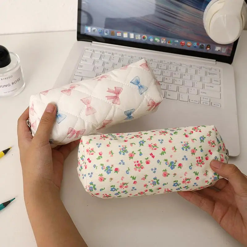 Cute Bow Floral Pen Bag Cherry Pencil Case Portable Large Capacity Student Stationery Storage Bag Girly Cosmetic Bag Gifts