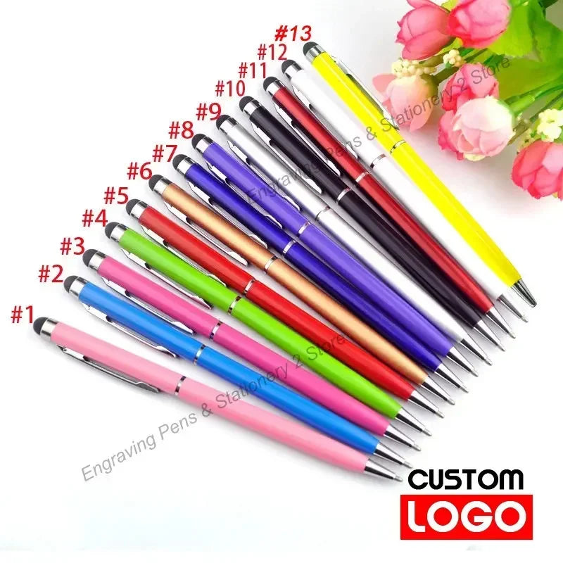 100 Pcs 13-color Metal 2-in-1 Stylus Universal Ballpoint Pen Custom Logo Office School Advertising Pen Text Engraving Wholesale