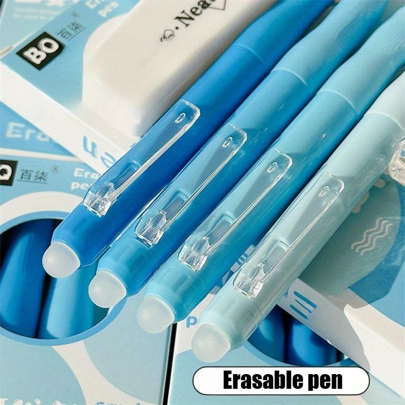 4-Pack Erasable Ballpoint Pen Set – 0.5mm Fine Point, Blue Ink, Quick-Drying & Smooth, 2 Styles for Office, School, Journaling