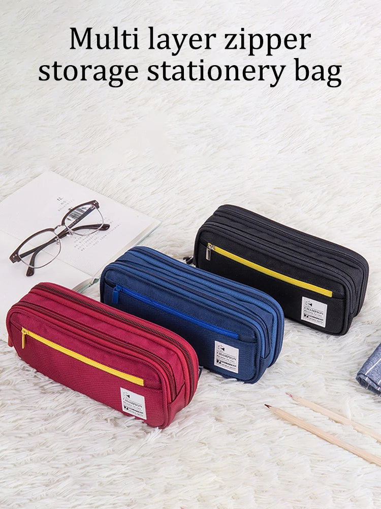 Pencil Case with 3 Compartments, Canvas Zipper Pencil Pouch, Large Pencil bag, Big Pen Case Pouch Organizer for Adults, Pencil P