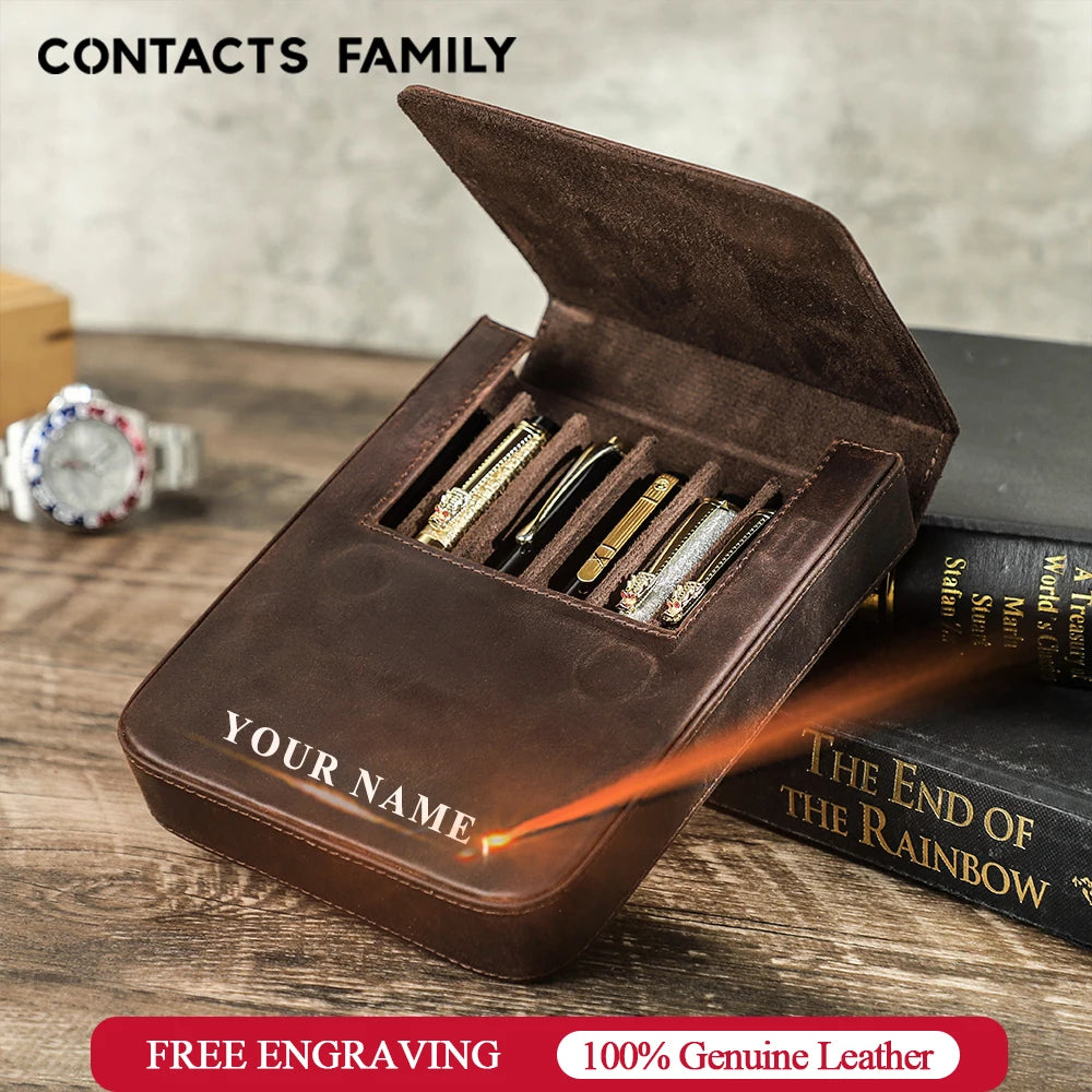 CONTACT'S FAMILY Handmade Fountain Pen Case Genuine Leather Holder Pencil Pouch Retro Pen Box Organizer School Office Men Women