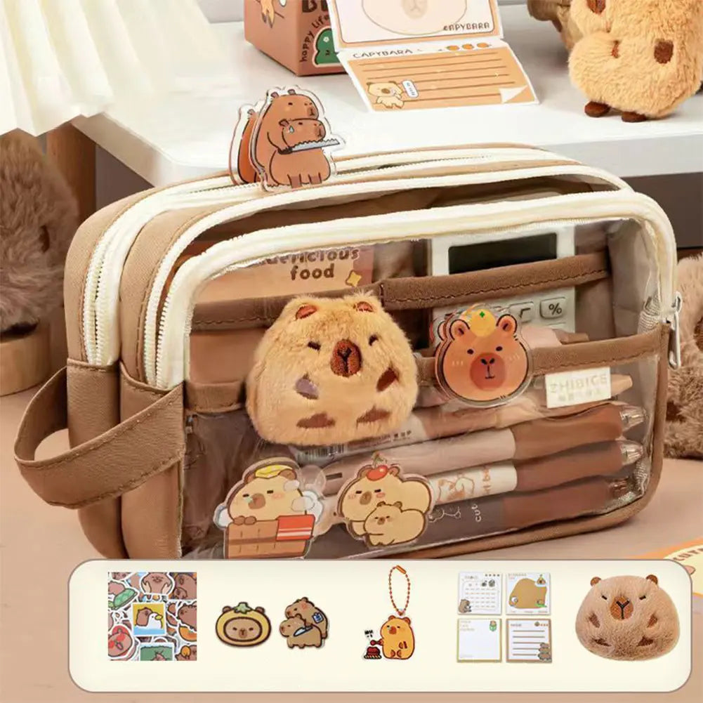 Capybara Kawaii Pencil Case with Compartments Pencil Pouch with Sticker Pendant Stationary Bag for Office School