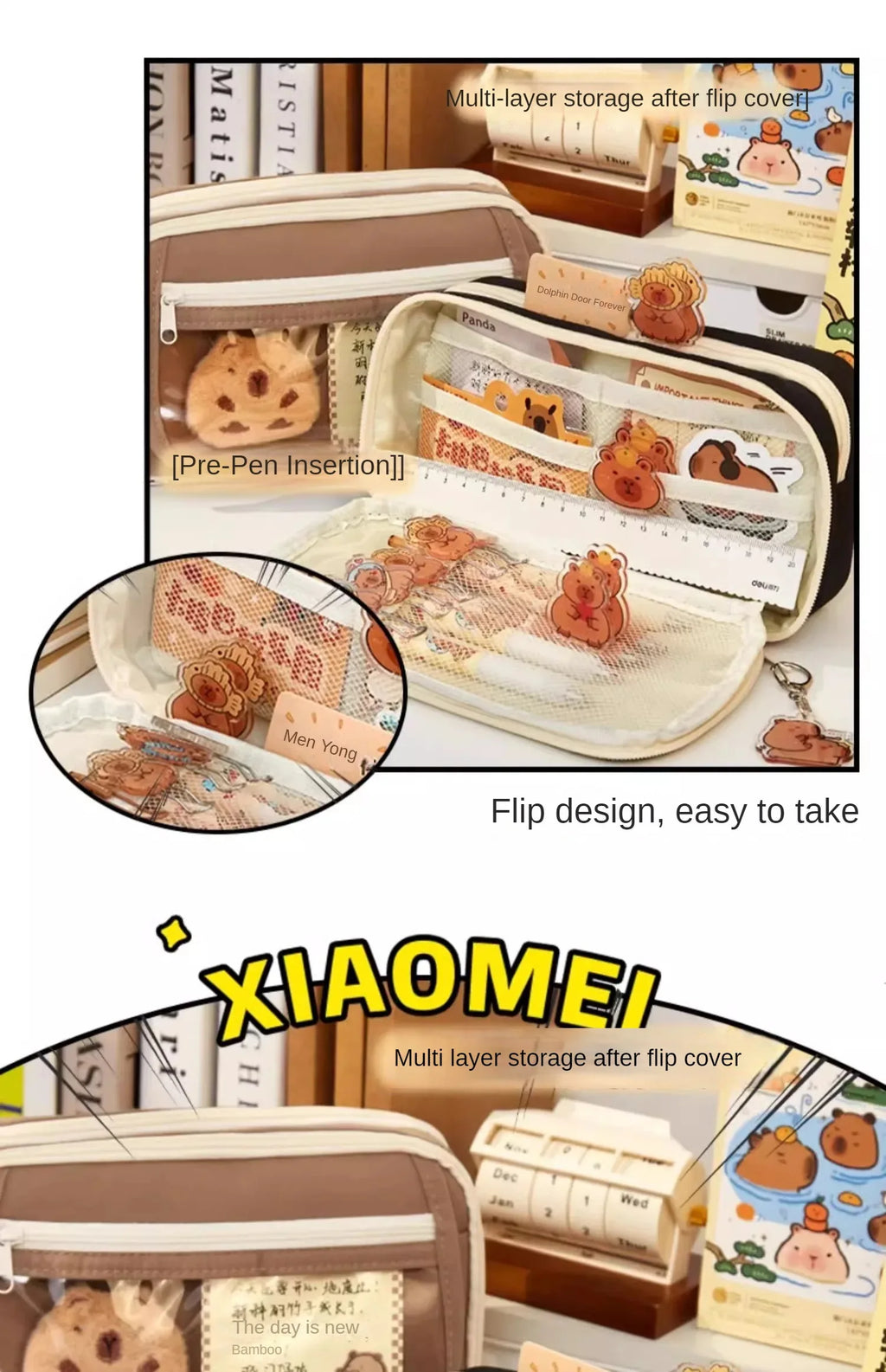 Large Capacity Pencil Bag Capybara Cartoon Canvas Stationery Holder Bag With Brooches stickers clips keychains Children Pen Case