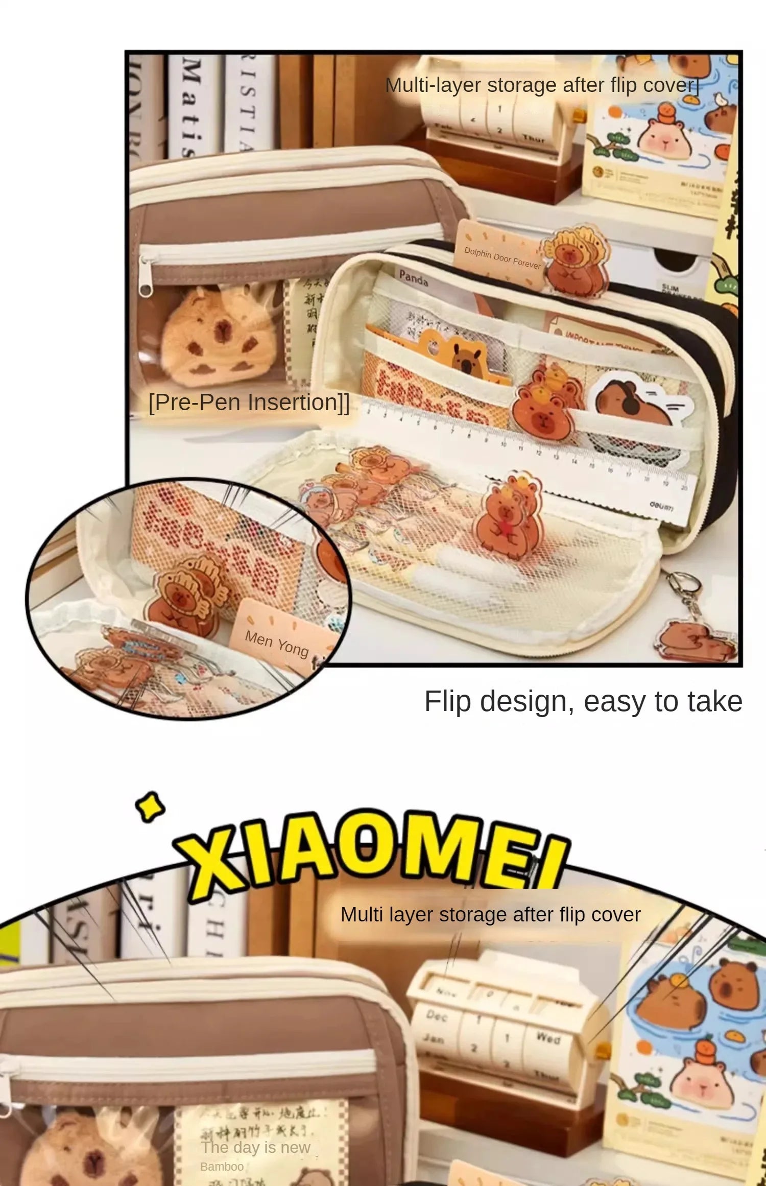 Large Capacity Pencil Bag Capybara Cartoon Canvas Stationery Holder Bag With Brooches stickers clips keychains Children Pen Case