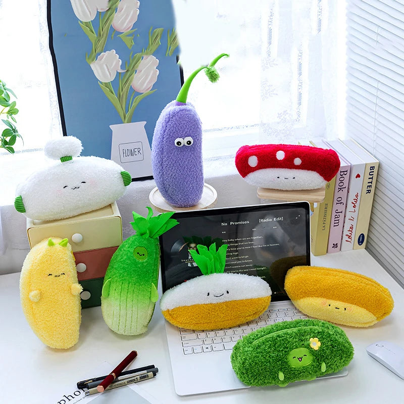 Cute Cartoon Plush Vegetable Fruit Pencil Case Cute Banana Broccoli Garlic Plush Multifunctional Large Capacity Stationery Bag