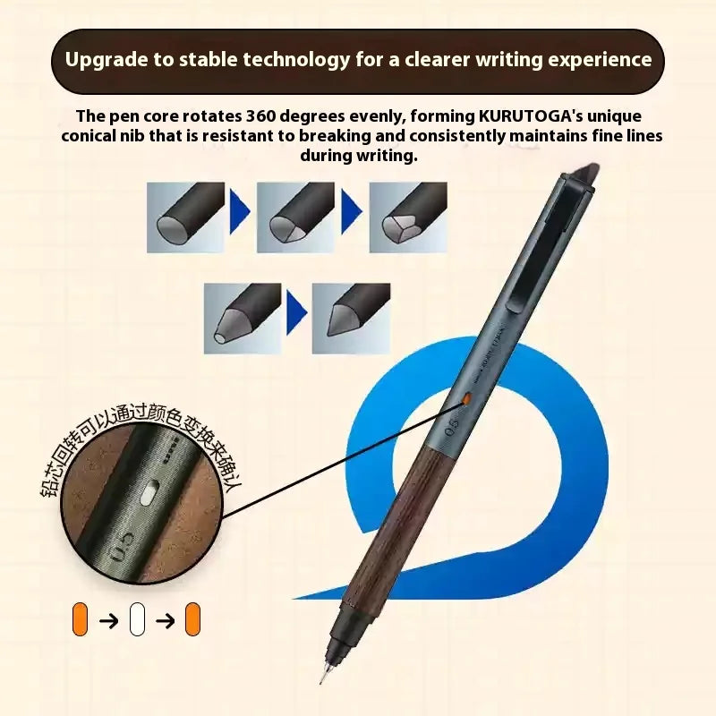 Uni Kuru Toga Metal Mechanical Pencil,M5-KW/KH Metal&Wood Barrel Premium 0.5mm Automatic Rotation Engine For Writing,DraftingPen