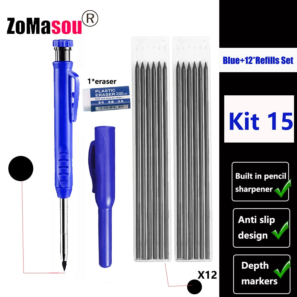 Top Solid Carpenter Mechanical Pencil Woodworking Long Head Deep Hole Markers Pen Pencils Refill Leads Sharpener Stationery