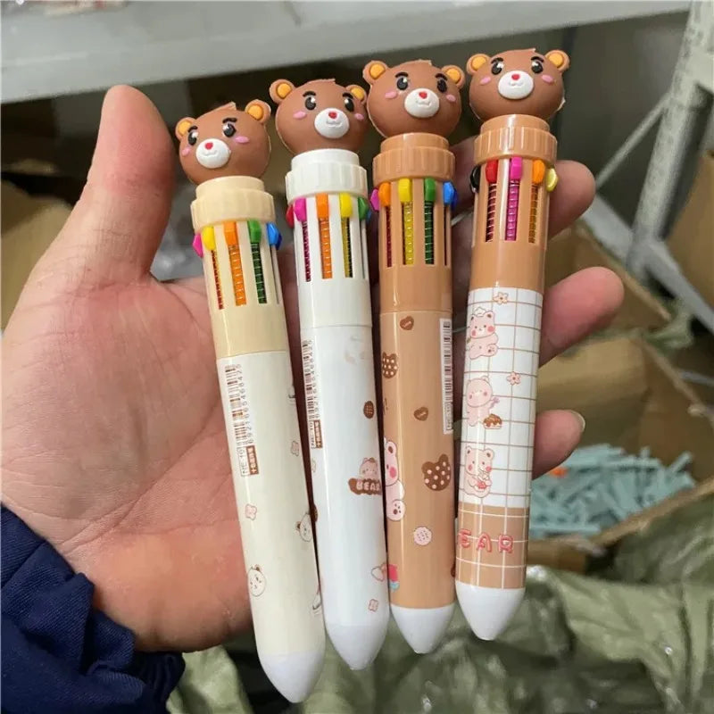 Creative Cartoon Cute Bear Pressing Pen 10 Color Ballpoint Pen Student Stationery Color Press Ten Color Ballpoint Pen office