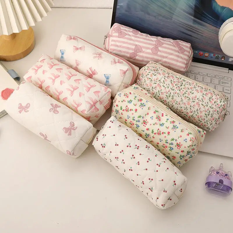 Cute Bow Floral Pen Bag Cherry Pencil Case Portable Large Capacity Student Stationery Storage Bag Girly Cosmetic Bag Gifts