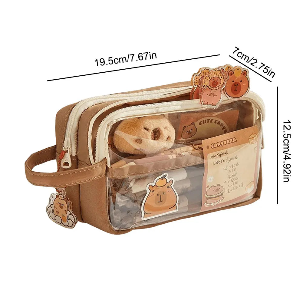 Capybara Kawaii Pencil Case with Compartments Pencil Pouch with Sticker Pendant Stationary Bag for Office School