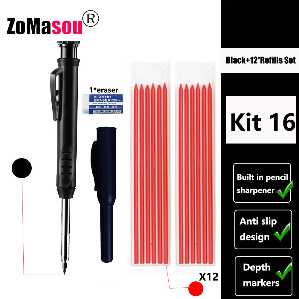 Top Solid Carpenter Mechanical Pencil Woodworking Long Head Deep Hole Markers Pen Pencils Refill Leads Sharpener Stationery
