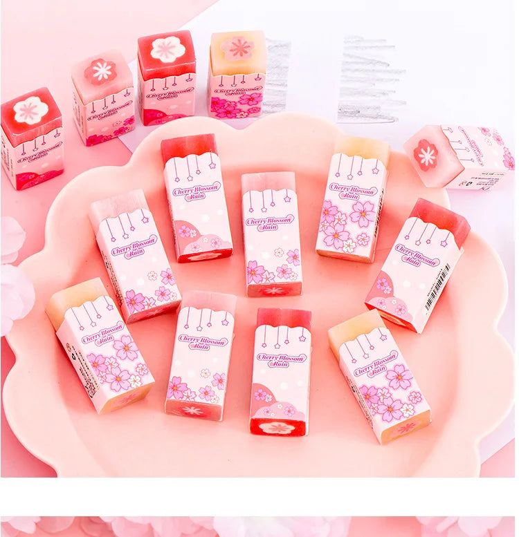 Lot Kawaii Cherry Blossom Sandwich Pencil Eraser Children Cute Less Debris Rubber Sakura Slice Erasers School Stationery