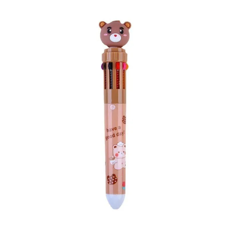 Creative Cartoon Cute Bear Pressing Pen 10 Color Ballpoint Pen Student Stationery Color Press Ten Color Ballpoint Pen office