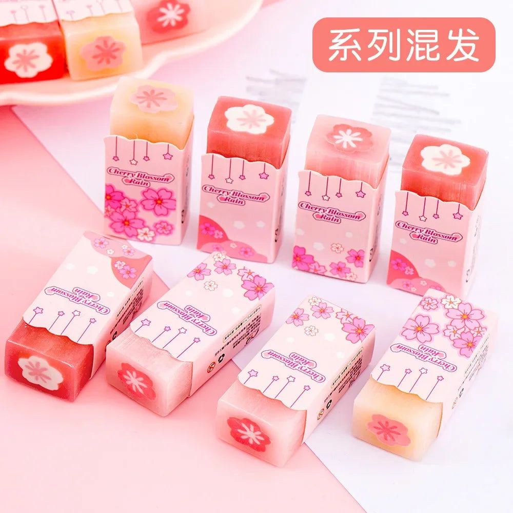 Lot Kawaii Cherry Blossom Sandwich Pencil Eraser Children Cute Less Debris Rubber Sakura Slice Erasers School Stationery