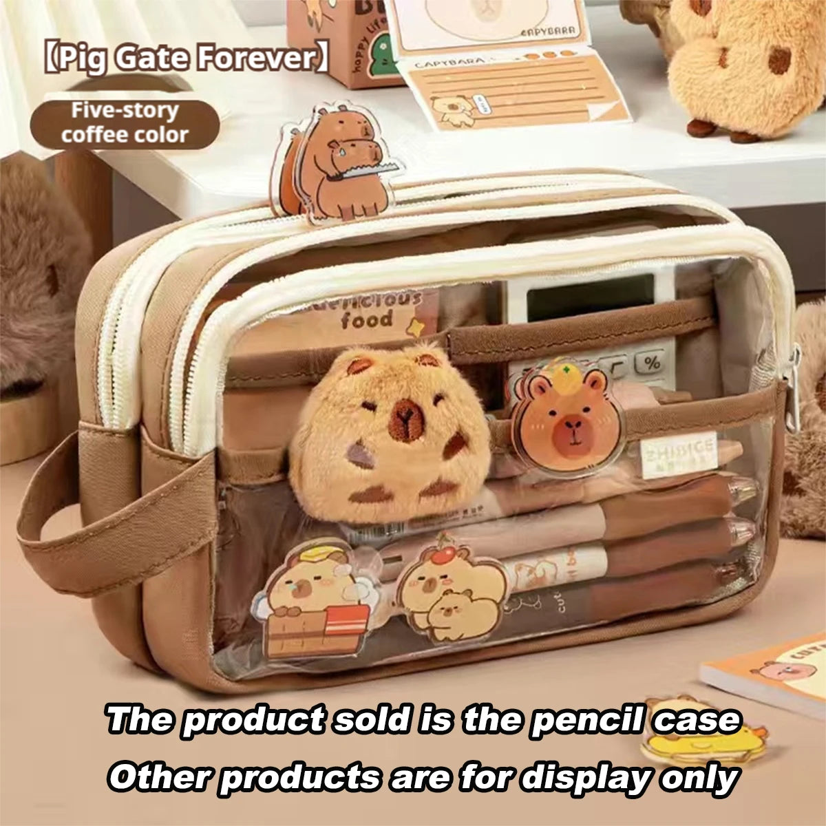 Kawaii Large Capacity Transparent Pencil Pouch with Handle Capybara Portable School Stationery Bag Set for Kids Back to School