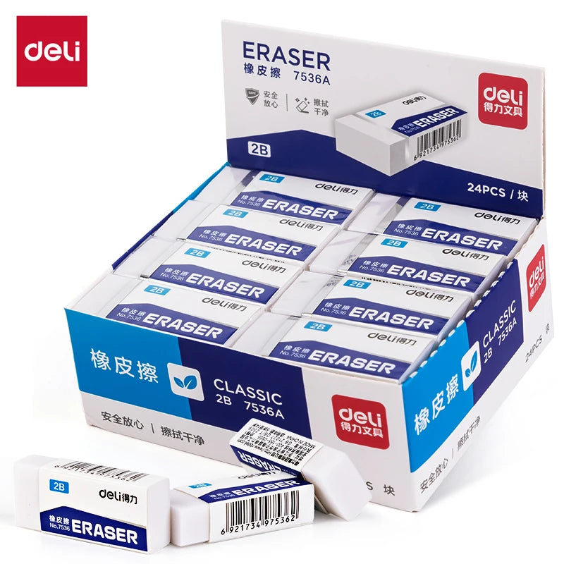 Deli 2B White Erasers Soft PVC Mess-Free Clean Rubber for Pencils Exam Office School Sketching Art Supplies