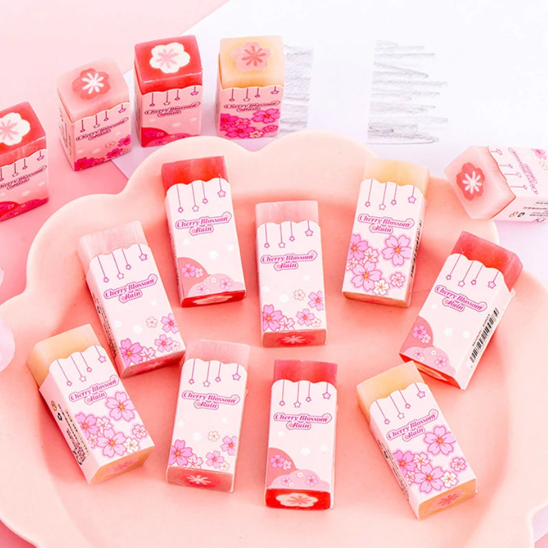 Lot Kawaii Cherry Blossom Sandwich Pencil Eraser Children Cute Less Debris Rubber Sakura Slice Erasers School Stationery
