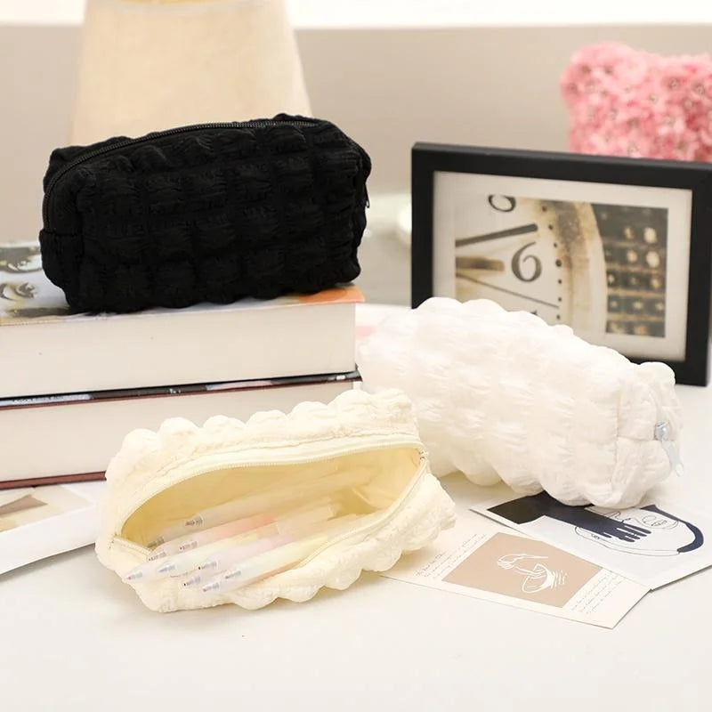 1pcs Creative Cream Puff Pencil Bags Student Large Capacity Solid Color Pencil Case Multi-functional Storage Bag Stationery Box