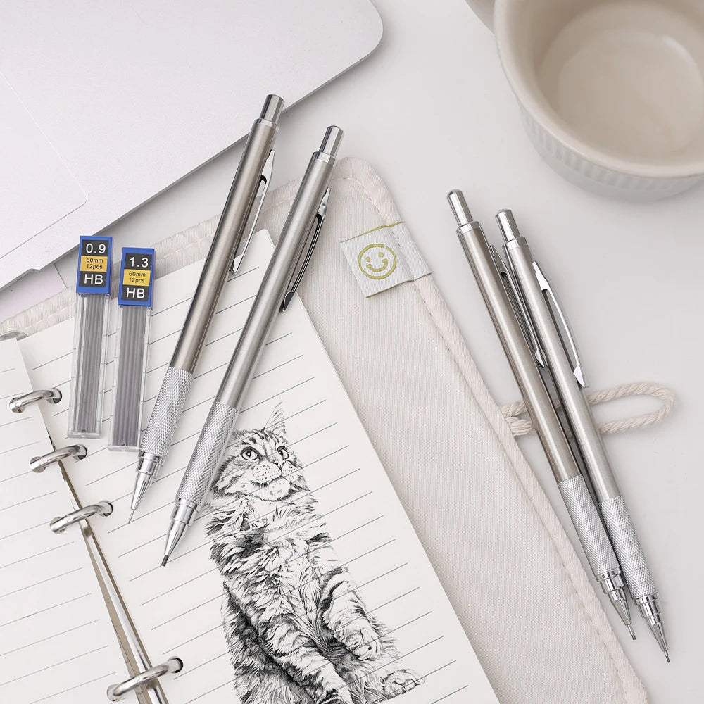 0.5/0.7/0.9/1.3/2.0mm Automatic Pencil Metal Mechanical Pencils Sets With Pencils Grip Leads Art Drawing Student Office Supplies