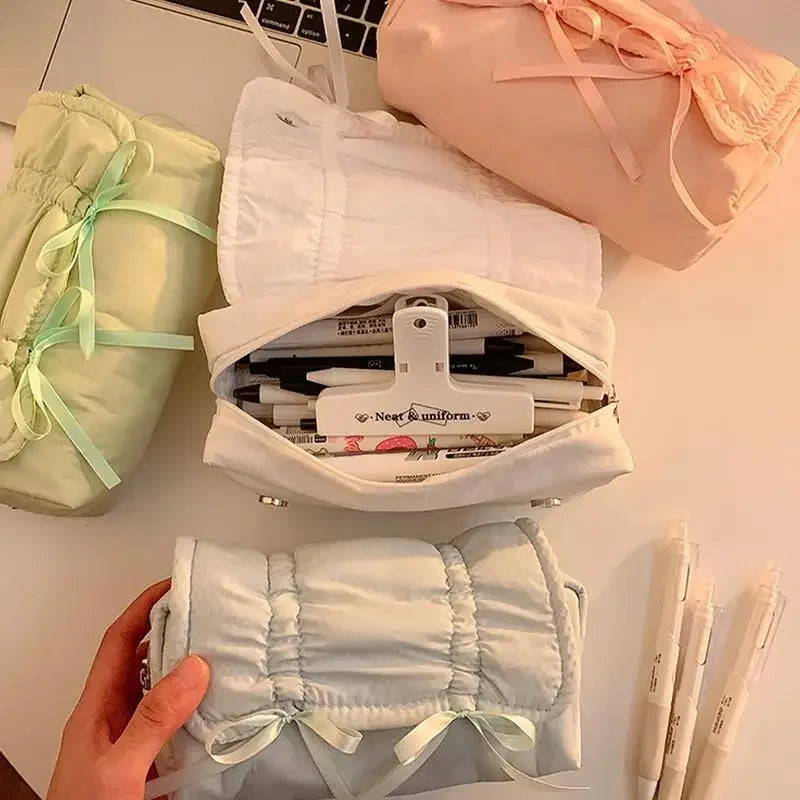 1pcs Creative Korea Style Bow Pencil Case Large Capacity Multi-layer Storage Drawstring Pencil Bags Office Supplies Storage Bag
