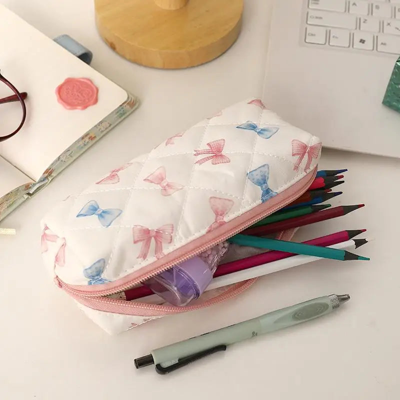 Cute Bow Floral Pen Bag Cherry Pencil Case Portable Large Capacity Student Stationery Storage Bag Girly Cosmetic Bag Gifts