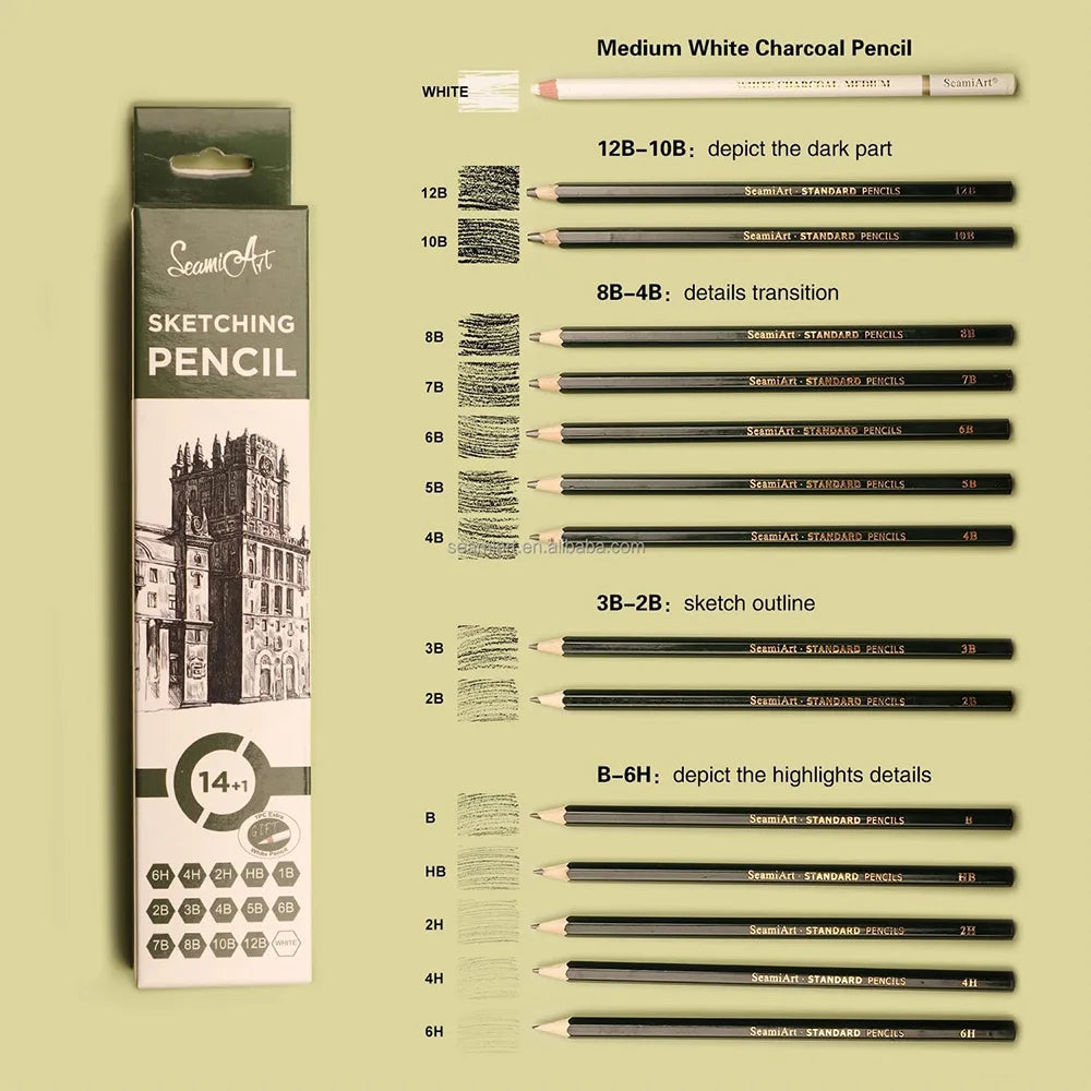 14PCS Sketching Pencil Set (6H–12B) with White Charcoal – Drawing Pencils for Artists, Shading, Sketch, Art Supplies for Kids &
