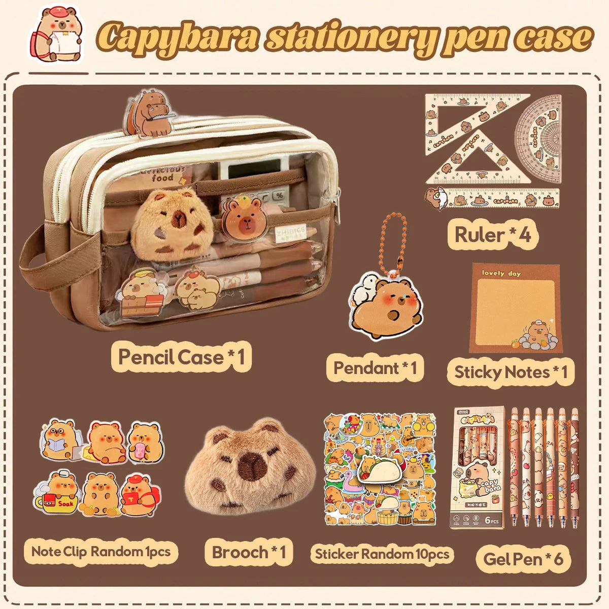 Kawaii Large Capacity Transparent Pencil Pouch with Handle Capybara Portable School Stationery Bag Set for Kids Back to School