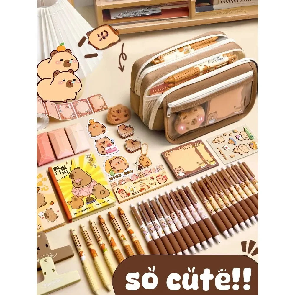 Large Capacity Pencil Bag Capybara Cartoon Canvas Stationery Holder Bag With Brooches stickers clips keychains Children Pen Case