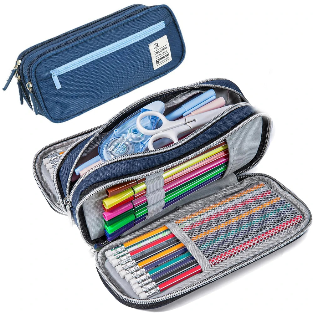 Pencil Case with 3 Compartments, Canvas Zipper Pencil Pouch, Large Pencil bag, Big Pen Case Pouch Organizer for Adults, Pencil P