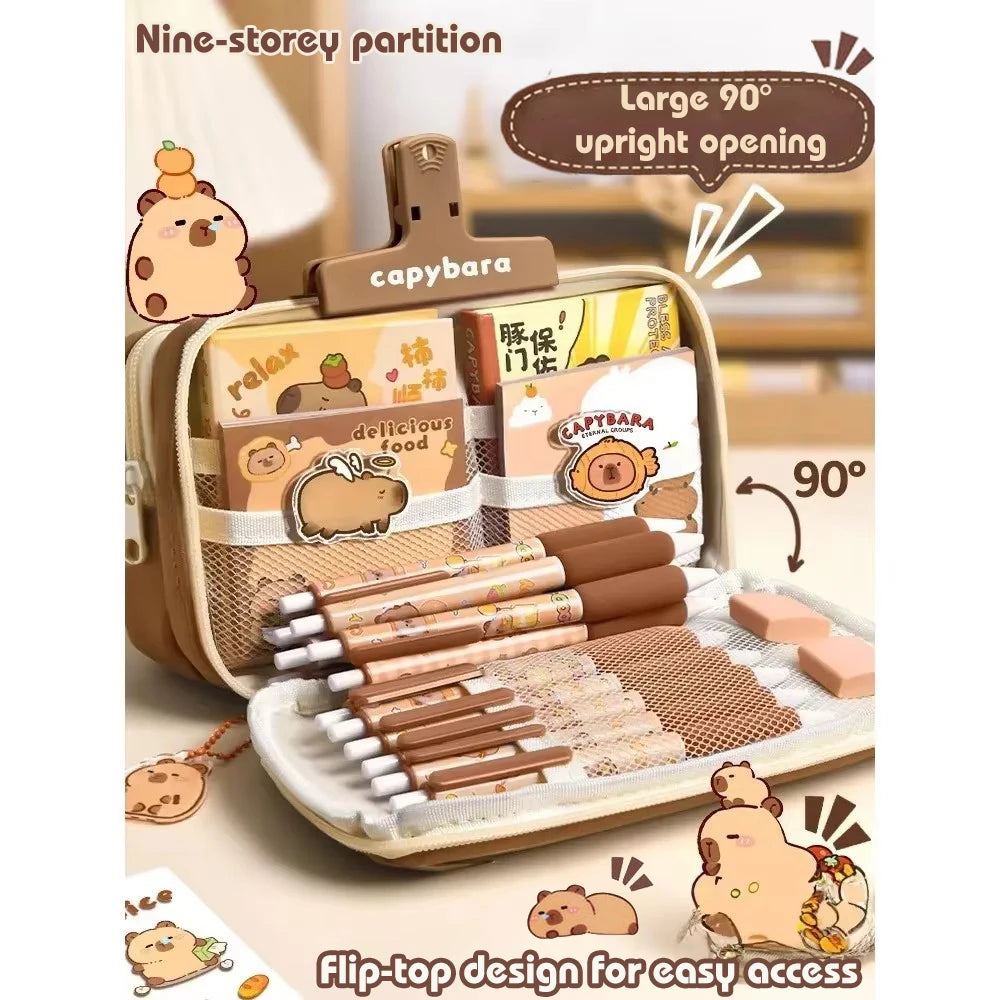 Large Capacity Pencil Bag Capybara Cartoon Canvas Stationery Holder Bag With Brooches stickers clips keychains Children Pen Case