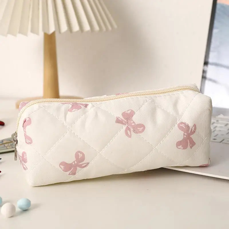 Cute Bow Floral Pen Bag Cherry Pencil Case Portable Large Capacity Student Stationery Storage Bag Girly Cosmetic Bag Gifts