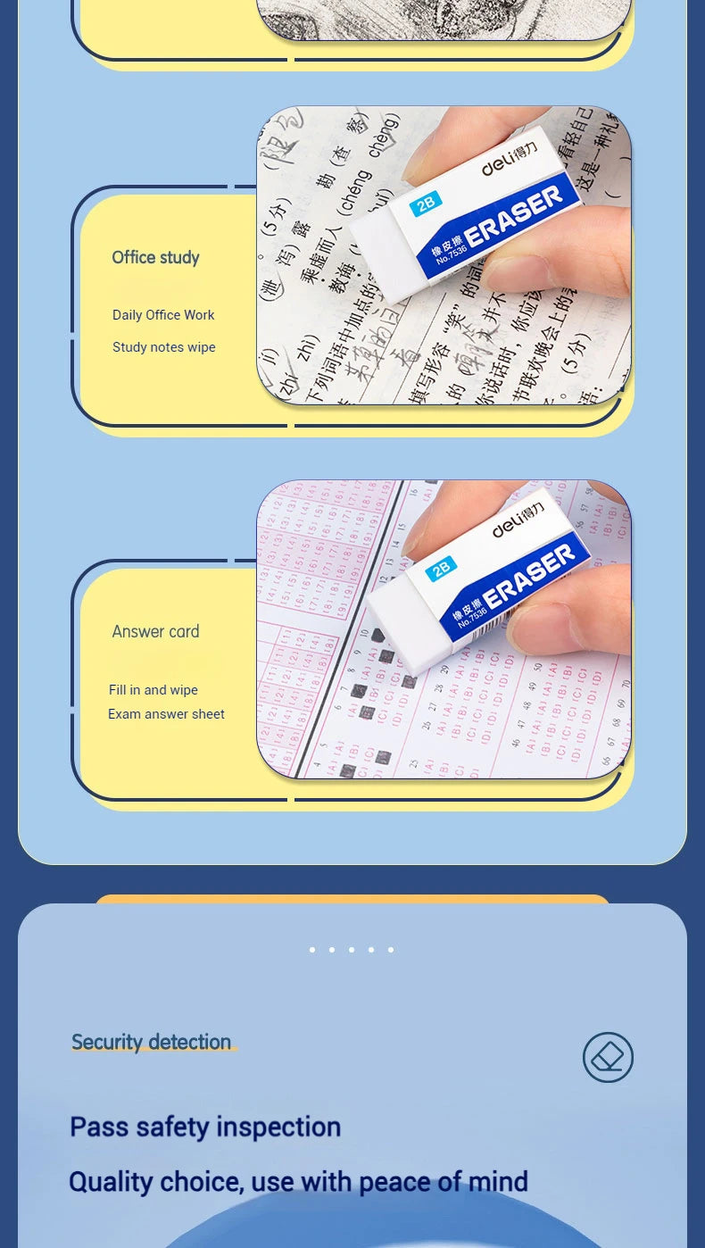 Deli 2B White Erasers Soft PVC Mess-Free Clean Rubber for Pencils Exam Office School Sketching Art Supplies