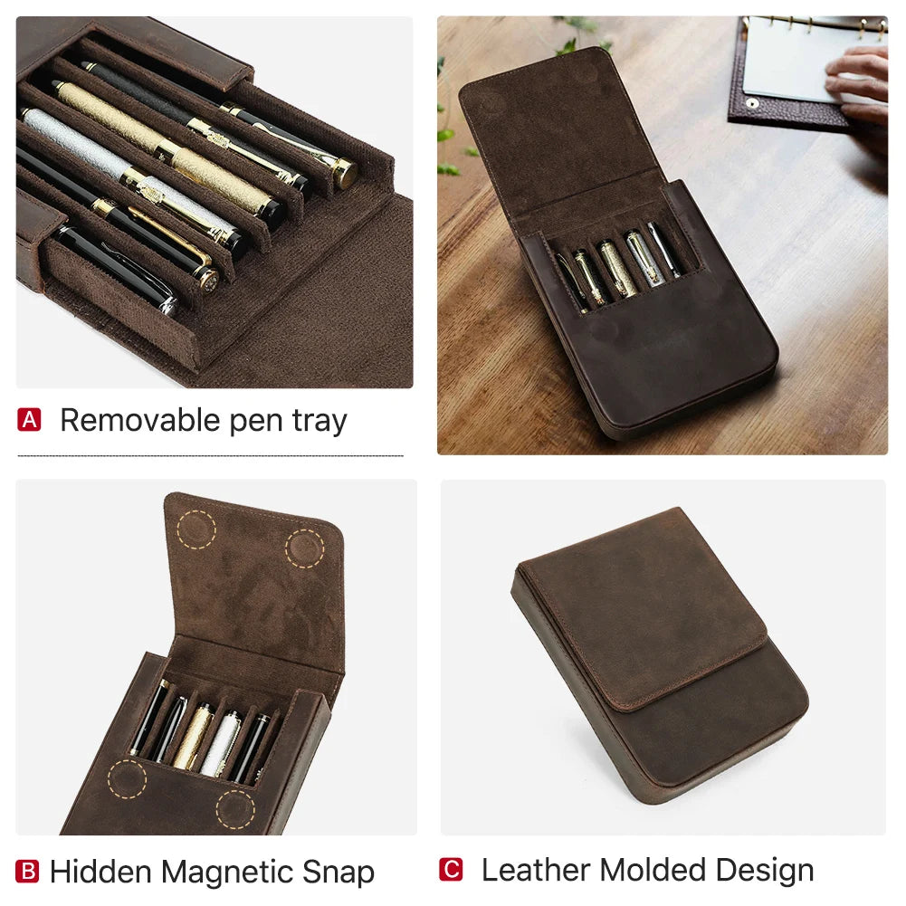 CONTACT'S FAMILY Handmade Fountain Pen Case Genuine Leather Holder Pencil Pouch Retro Pen Box Organizer School Office Men Women