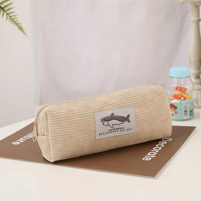 LUSQI Creative Cartoon Shark Corduroy Pencil Case Stain-Resistant Student Pencil Case Unisex Large Capacity Stationery Case