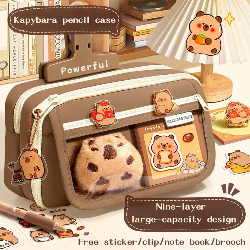 Large Capacity Pencil Bag Capybara Cartoon Canvas Stationery Holder Bag With Brooches stickers clips keychains Children Pen Case