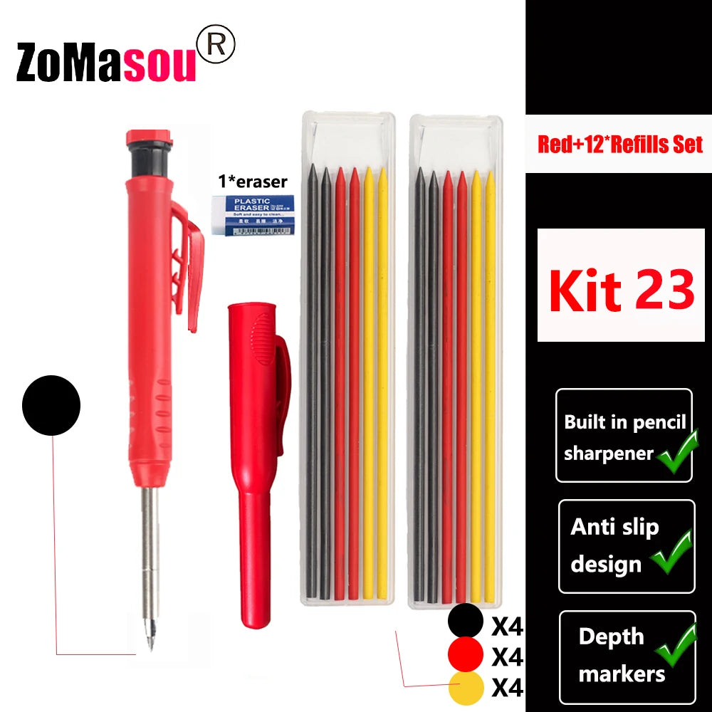 Top Solid Carpenter Mechanical Pencil Woodworking Long Head Deep Hole Markers Pen Pencils Refill Leads Sharpener Stationery