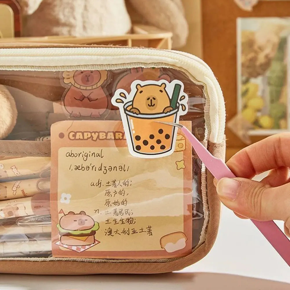 Capybara Kawaii Pencil Case with Compartments Pencil Pouch with Sticker Pendant Stationary Bag for Office School