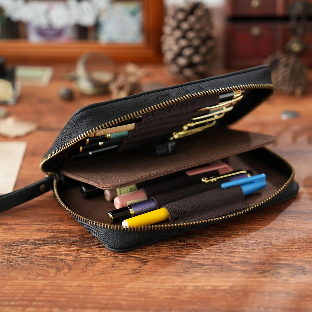 Genuine Leather Fountain Pen Holder Case with Divider, Large Capacity Pencil Pouch Pen Bag for 10 Pens, for Students Stationery